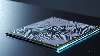 Futuristic AMD AI chip with glowing circuits on sleek surface
