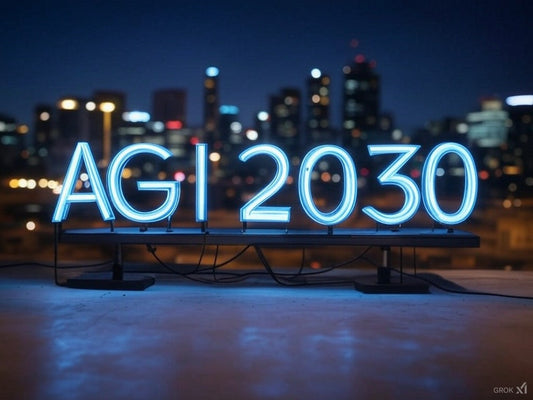 Neon signAGI 2030" glowing against a futuristic city skyline at night.