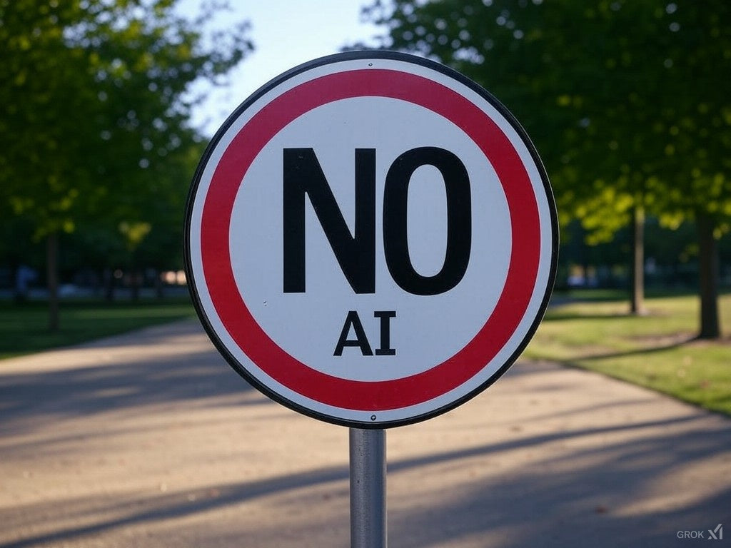 The image shows a circular road-style sign with a red border and the words NO AI in bold black letters.