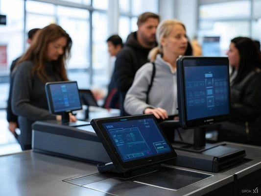 Shoppers use AI-powered self-checkout kiosks in a busy retail store.