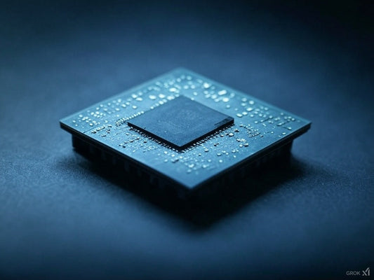 AI chip close-up under blue lighting, symbolizing tech advancements