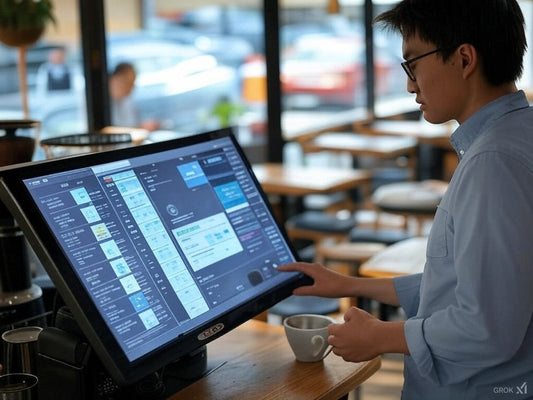 Small business owner using AI-powered POS system in modern café.