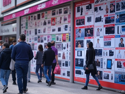 The image shows a busy street scene where people are walking past a storefront covered in numerous printed advertisements. The ads display a variety of products, including electronics, clothing, and household items, with images and text descriptions.