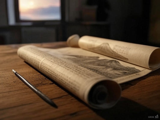 Ancient scroll with mountain sketch and text on wooden table at sunset
