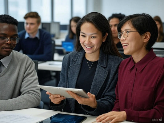 The image shows a group of young professionals or students collaborating in a modern office or classroom setting. Three individuals are in focus, smiling and engaged while looking at a tablet device.