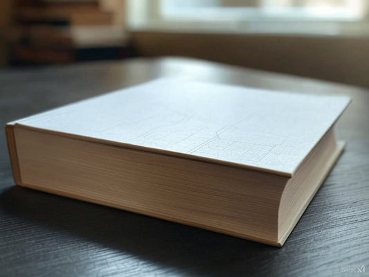 Minimalist hardcover AI book on a dark wooden table near window light.