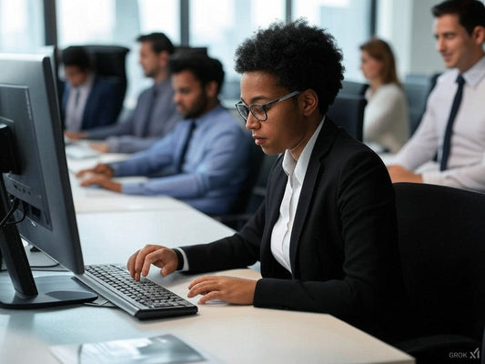 Professional woman using AI-powered support platform in modern office.