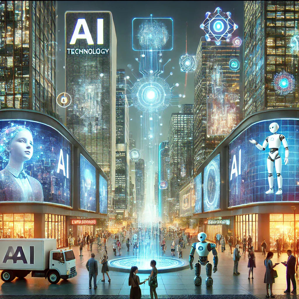 Futuristic cityscape showcasing AI technology with robots and digital billboards.