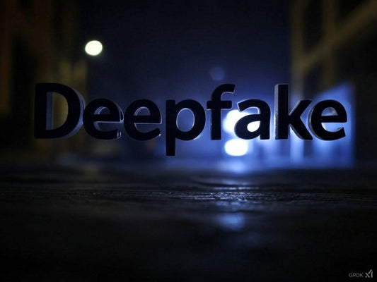 Deepfake technology concept with glowing text on dark urban background