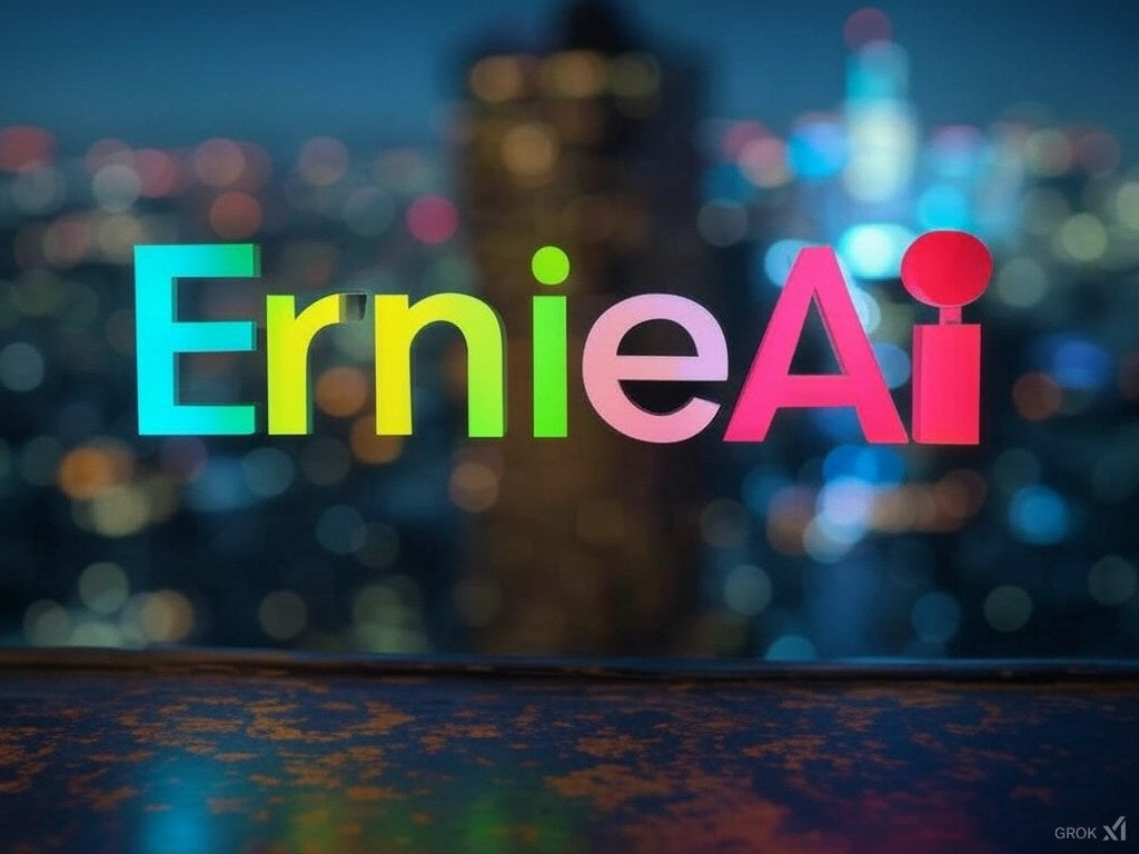 Ernie AI logo with colorful text against a blurred cityscape background
