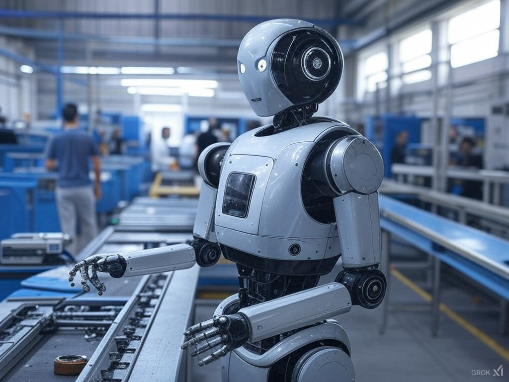 Humanoid robot working on assembly line in high-tech factory.