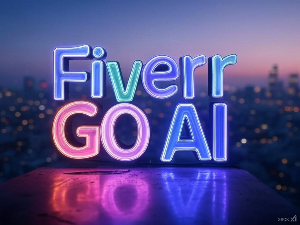 Fiverr GO AI neon sign against a cityscape background at dusk.