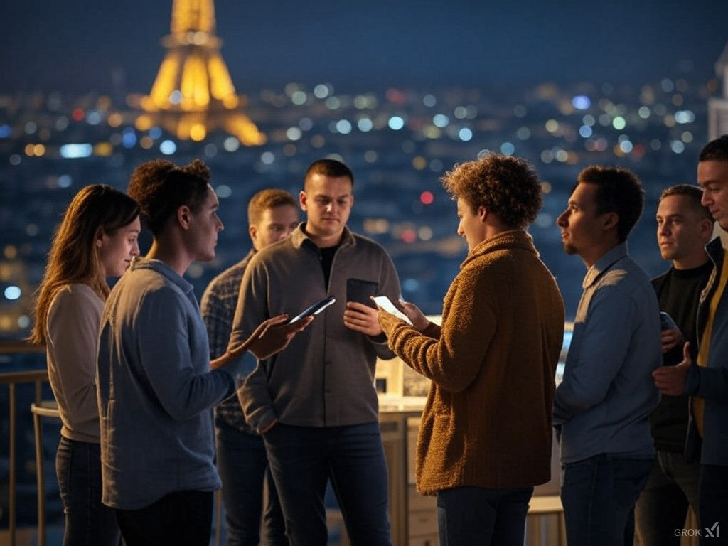 The image shows a group of young adults standing on a rooftop at night, with the illuminated Eiffel Tower visible in the background. They are engaged in conversation and looking at their smartphones, suggesting a social or tech-related gathering in Paris.