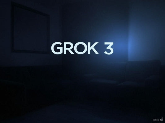 Grok 3 AI teaser image in dark room with glowing text