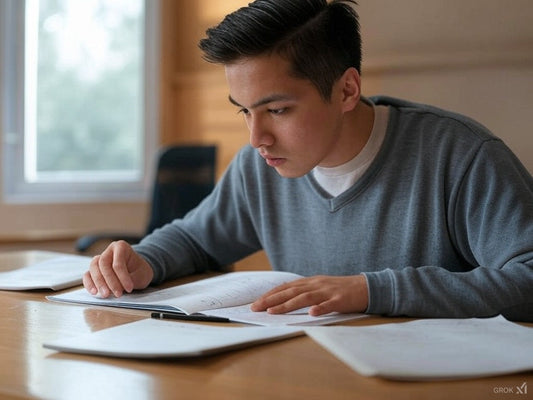 Focused student studying AI concepts from books and notes at a desk.