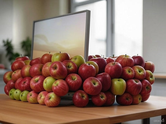 Laptop surrounded by red and green apples on a wooden desk.
