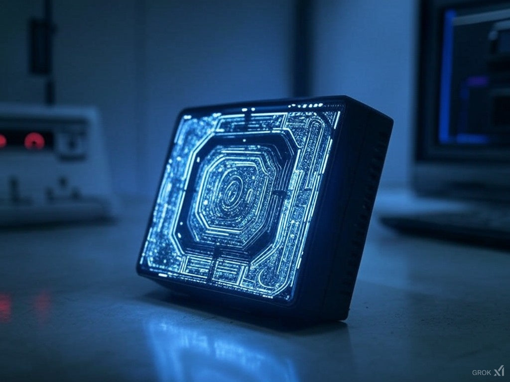 Жұмыс үстелінде көк схемамен жарқыраған футуристік AI детекторы құрылғысы.