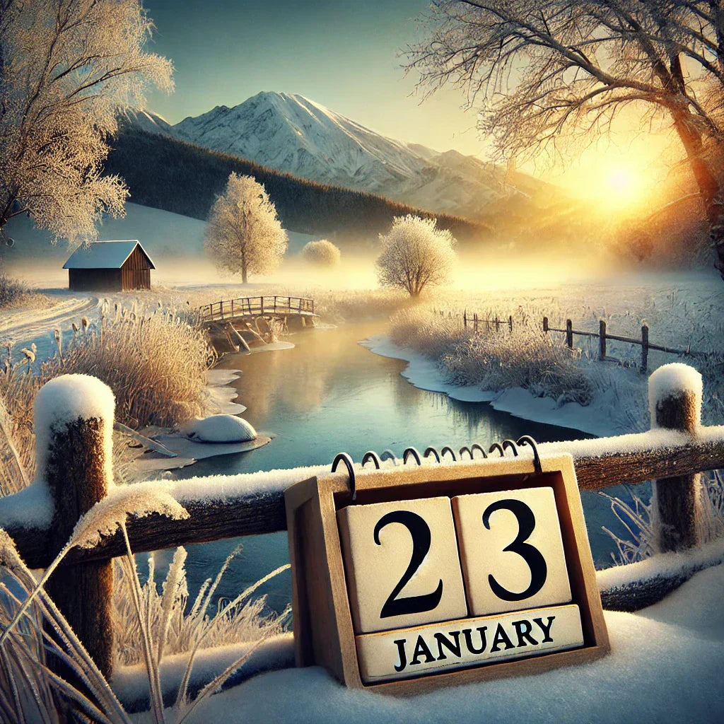 Snowy winter sunrise with January 23 calendar by a frozen river scene.