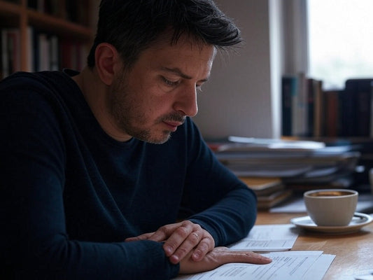 Focused writer reviewing documents with coffee in a cozy workspace.