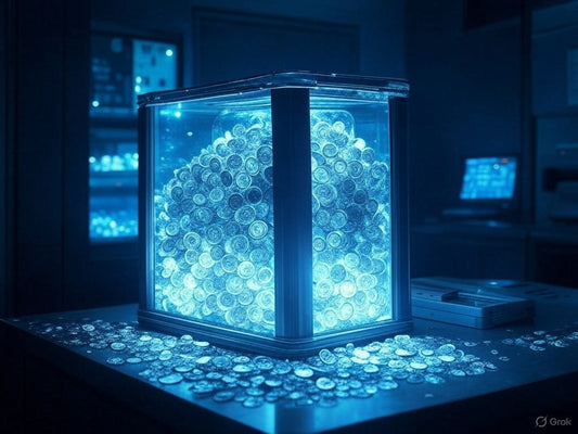 Glowing cube filled with coins symbolizing AI-powered wealth.