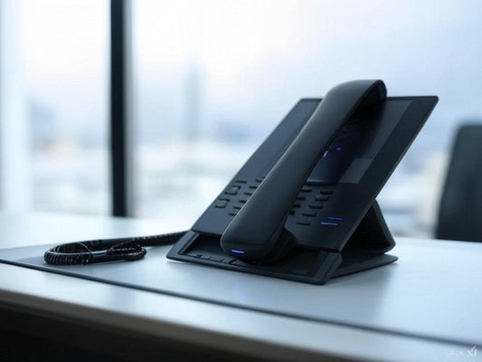 Ofis masasında mavi LED ışıklara sahip şık ve modern VoIP masa telefonu.