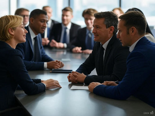 Professionals in a business meeting using Laxis AI transcription tool.
