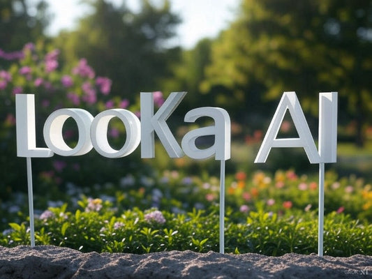 Looka AI branding sign in a vibrant garden setting with flowers and greenery.