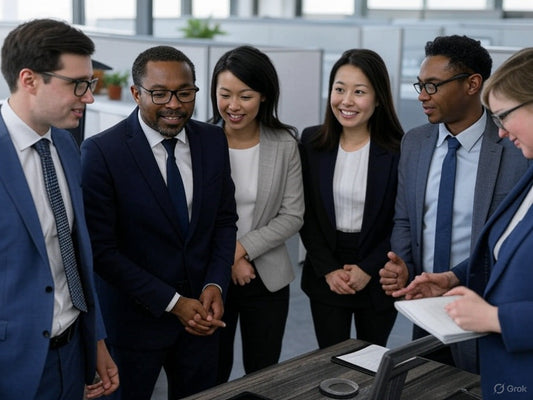 Diverse HR team discussing AI tool Mega HR in modern office setting.