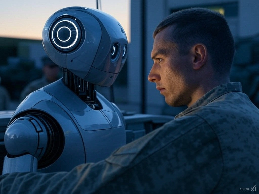 Soldier stares intently at humanoid AI robot at sunset.