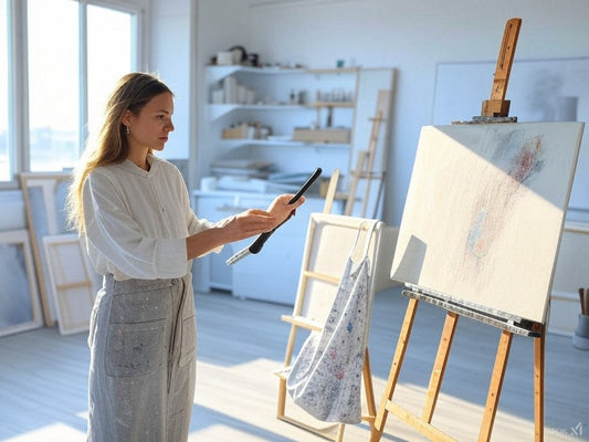 Woman using AI tool to create digital art on canvas in bright studio