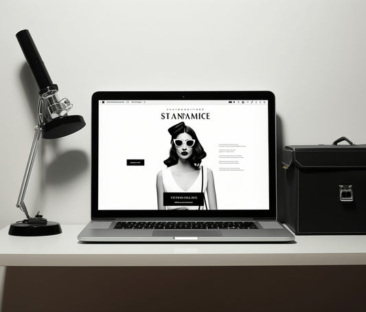 Dizüstü bilgisayarın ve moda web sitesinin görüntülendiği şık ve minimalist çalışma alanı