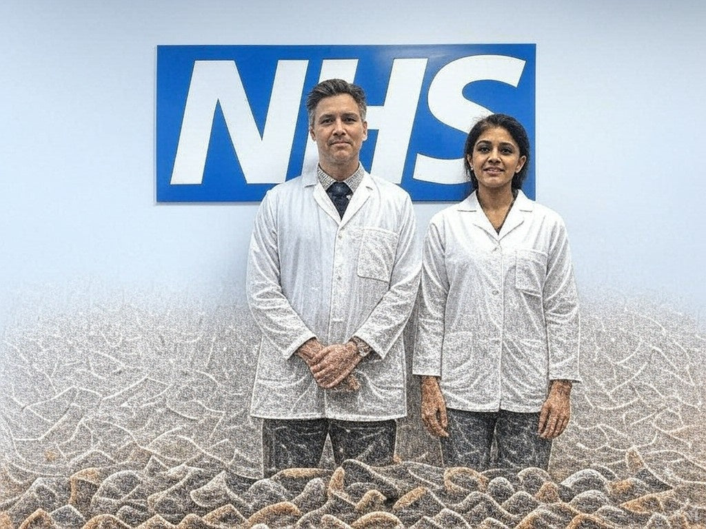 The image shows two individuals wearing white lab coats standing in front of a wall with a large NHS (National Health Service) logo.