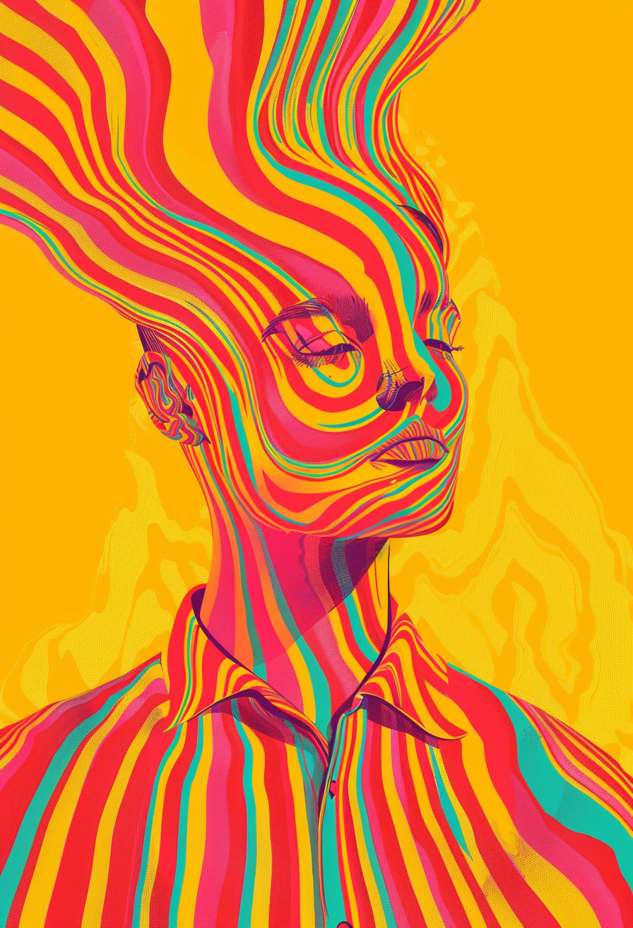 Żywy portret wygenerowany przez sztuczną inteligencję z surrealistycznymi, wielokolorowymi wzorami fal.