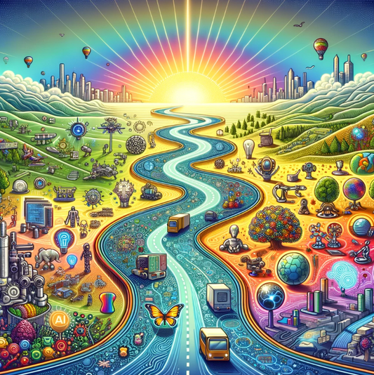 Yapay zekanın geleceğin iş dünyasındaki entegrasyonunu gösteren renkli yol haritası