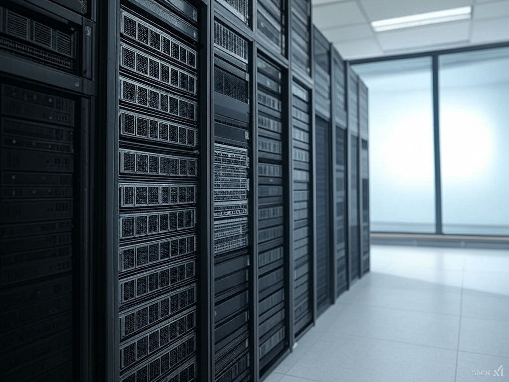 Заманауи AI бұлттық хостинг деректер орталығындағы өнімділігі жоғары сервер сөрелері.