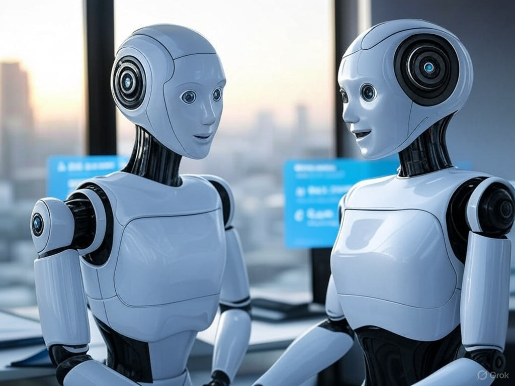 Заманауи бизнес кеңсесінде бірлесіп жұмыс істейтін футуристік AI роботтары.