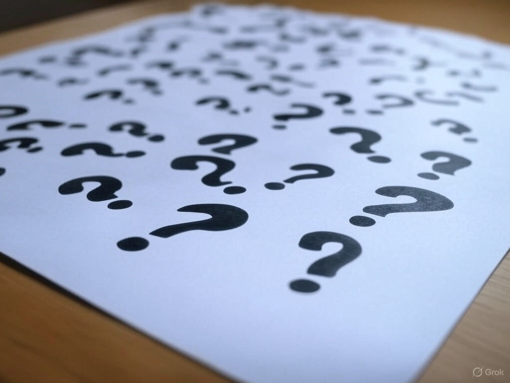 Arkusz papieru pokryty dużymi, czarnymi znakami zapytania, położony na drewnianej powierzchni.