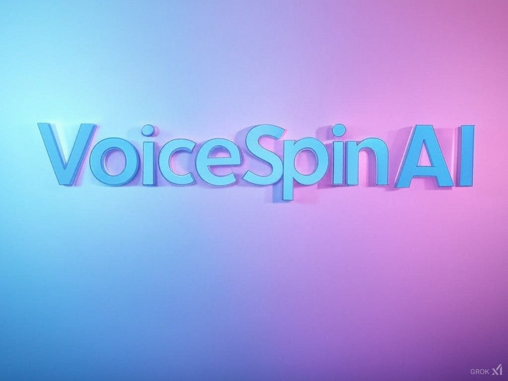 Жарқын көк және қызғылт градиентті фонда VoiceSpin AI логотипі.