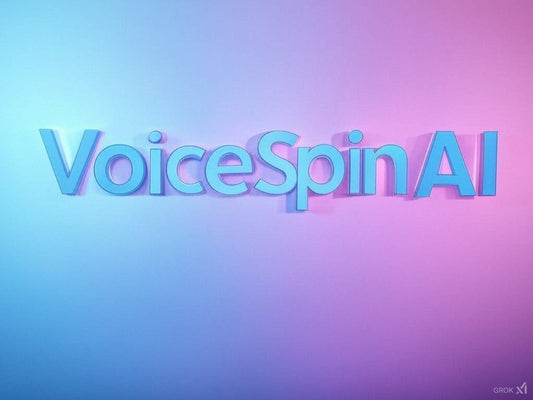 VoiceSpin AI logo on a vibrant blue and pink gradient background.
