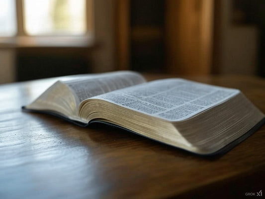 Open Bible on wooden table with sunlight, exploring AI in scripture.