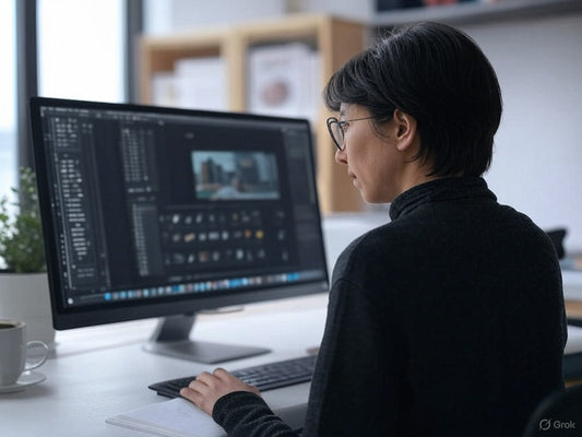 Video editor using AI tools in After Effects on desktop computer