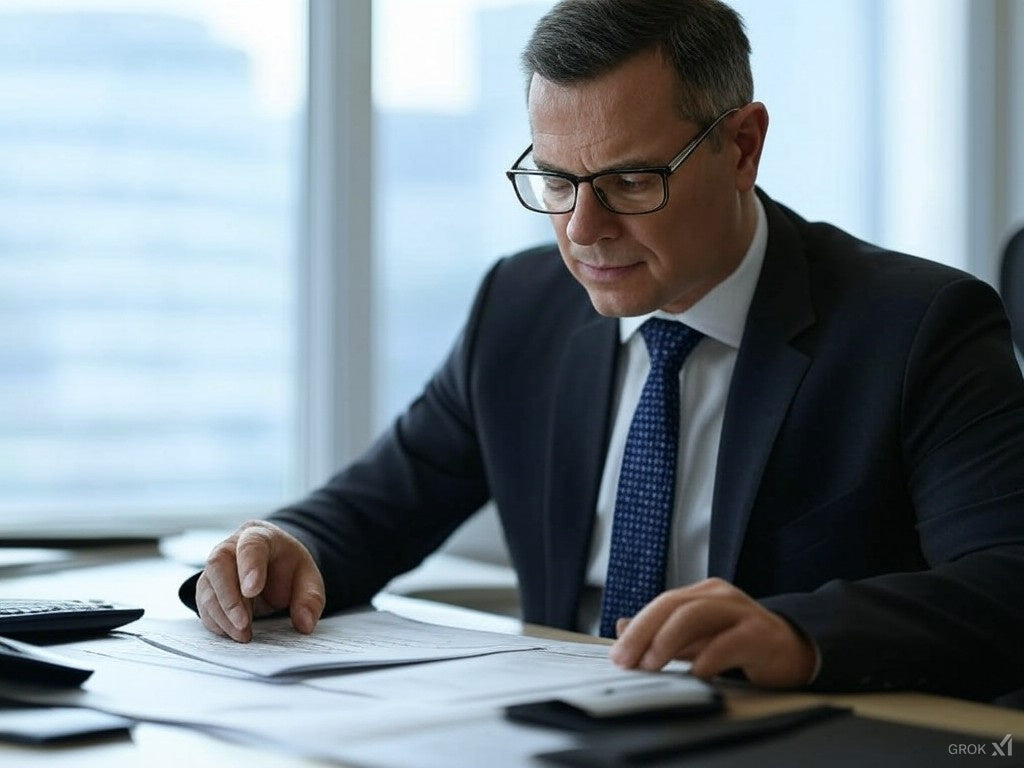 Biznesmen analizuje raporty finansowe, wykorzystując oprogramowanie księgowe oparte na sztucznej inteligencji.