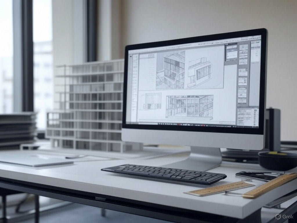 Logiciel d'architecture IA affichant les conceptions de bâtiments sur l'écran du bureau.