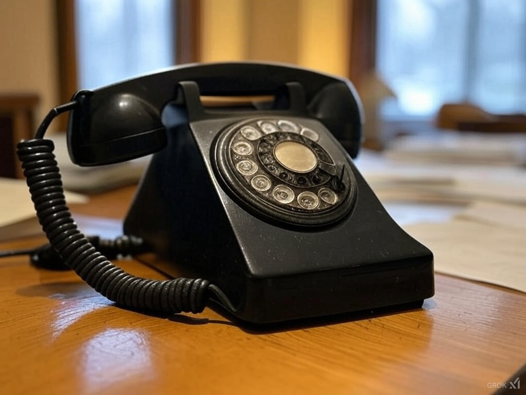 Дәстүрлі байланыс құралдарын бейнелейтін винтажды айналмалы телефон.