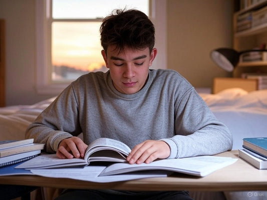 Teen boy using AI homework helper to study at desk in bedroom.