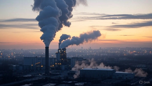 Industrial factory emitting smoke at sunset, highlighting air pollution.