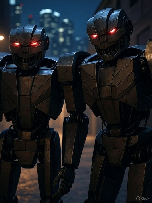 Menacing humanoid robots with glowing red eyes in a city at night.