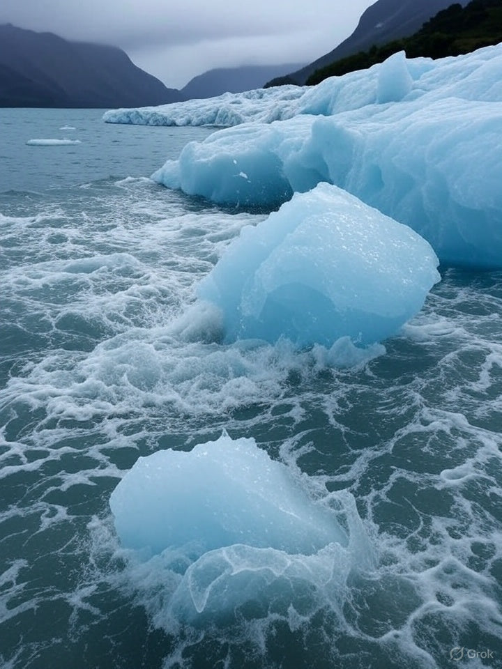 Бұл суретте мұздықтың немесе мұз алаңының бір бөлігі болуы мүмкін салқын, толқынды су айдынында қалқып жүрген көк мұздың үлкен бөліктері көрсетілген. Мұз жаңадан сынған, жиектері кесілген және ашық көк реңкпен көрінеді, бұл оның тығыздығы мен ауа көпіршіктерінің жоқтығын көрсетеді.