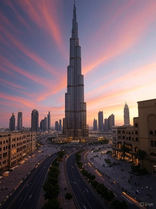 This is an image of the Burj Khalifa in Dubai, United Arab Emirates, captured during a stunning sunset. The sky is painted with vibrant hues of pink, orange, and purple, creating a dramatic backdrop for the world's tallest building.