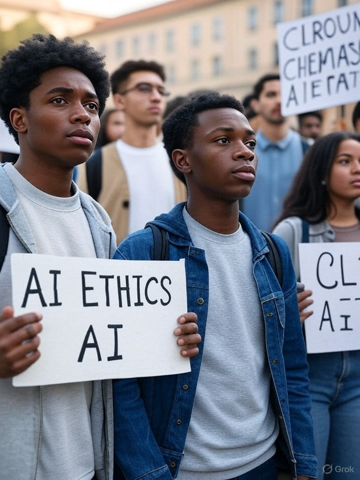 Суретте бейбіт наразылық акциясына немесе демонстрацияға қатысқан жастар тобы бейнеленген. Алдыңғы қатарда екі адам AI ЭТИКАСЫ жазылған белгілерді ұстап тұр